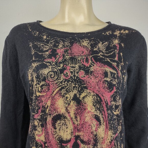 RXB black red tan Fleur De Lis round neck 100% Cashmere sweater ladies Large - Picture 2 of 7